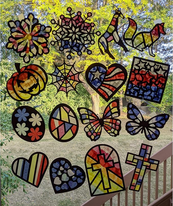 VHALE Suncatchers Craft 3 Sets (9 Cutouts) w Tissue Papers Stained Glass Effect Paper Sun Catcher Kit, Window Art, Classroom Crafts, Creative Art Projects, Kids Party Favors (Sport)