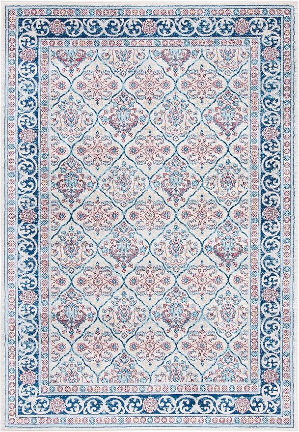 SAFAVIEH Brentwood Collection 5'3" x 7'6" Beige / Navy BNT870B Oriental Damask Trellis Non-Shedding Living Room Bedroom Dining Home Office Area Rug