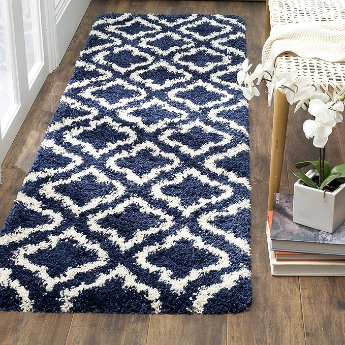 SAFAVIEH Hudson Shag Collection Runner Rug - 2'3" x 14', Navy & Ivory, Moroccan Design, Non-Shedding & Easy Care, 2-inch Thick Ideal for High Traffic Areas in Living Room, Bedroom (SGH284C)