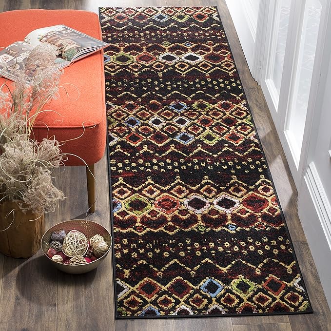 SAFAVIEH Amsterdam Collection Runner Rug - 2'3" x 22', Black & Multi, Moroccan Boho Design, Non-Shedding & Easy Care, Ideal for High Traffic Areas in Living Room, Bedroom (AMS108P)