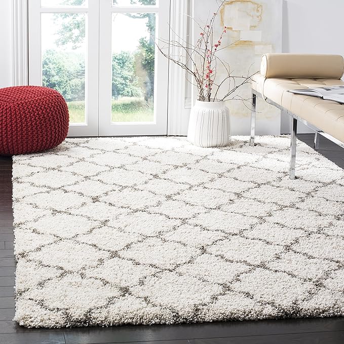 SAFAVIEH Hudson Shag Collection Area Rug - 9' x 12', Ivory & Grey, Moroccan Trellis Design, Non-Shedding & Easy Care, 2-inch Thick Ideal for High Traffic Areas in Living Room, Bedroom (SGH282A)