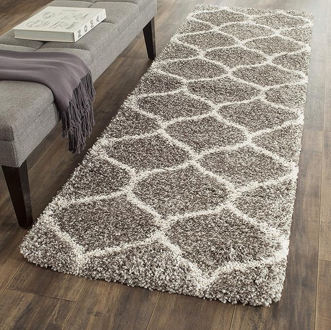 SAFAVIEH Hudson Shag Collection Runner Rug - 2'3" x 14', Grey & Ivory, Moroccan Trellis Design, Non-Shedding & Easy Care, 2-inch Thick Ideal for High Traffic Areas in Living Room, Bedroom (SGH280B)