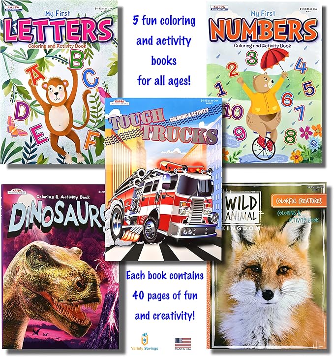 Kappa Coloring and Activity Books for Boys, Numbers and Letters, ABCs, Wild Animals, Dinosaurs, Tough Trucks, 8.5”x11” Extra Large Size for Hours of Fun, Ages 2-4, 4-8, 8-12 (Pack of 5)