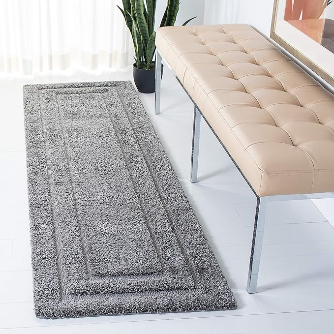 SAFAVIEH Florida Shag Collection Runner Rug - 2'3" x 10', Grey & Grey, Border Design, Non-Shedding & Easy Care, 1.2-inch Thick Ideal for High Traffic Areas in Living Room, Bedroom (SG454-8080)