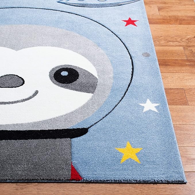 SAFAVIEH Carousel Kids Collection Area Rug - 4' Round, Blue & Grey, Sloth Design, Non-Shedding & Easy Care, Ideal for High Traffic Areas for Boys & Girls in Playroom, Nursery, Bedroom (CRK140M)