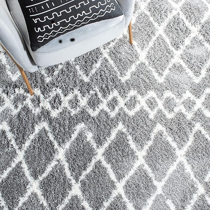 SAFAVIEH Berber Shag Collection Runner Rug - 2' x 12', Light Grey & Cream, Moroccan Design, Non-Shedding & Easy Care, 1.2-inch Thick Ideal for High Traffic Areas in Living Room, Bedroom (BER165B)