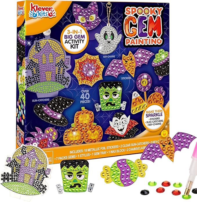 Klever Kits Halloween Gem Art Kit, Kids Halloween Art Crafts Party Supplies, Diamond Painting Kit with Stickers, Suncatchers, and Keychains, Party Favor DIY Activities School Game Goodies Gift