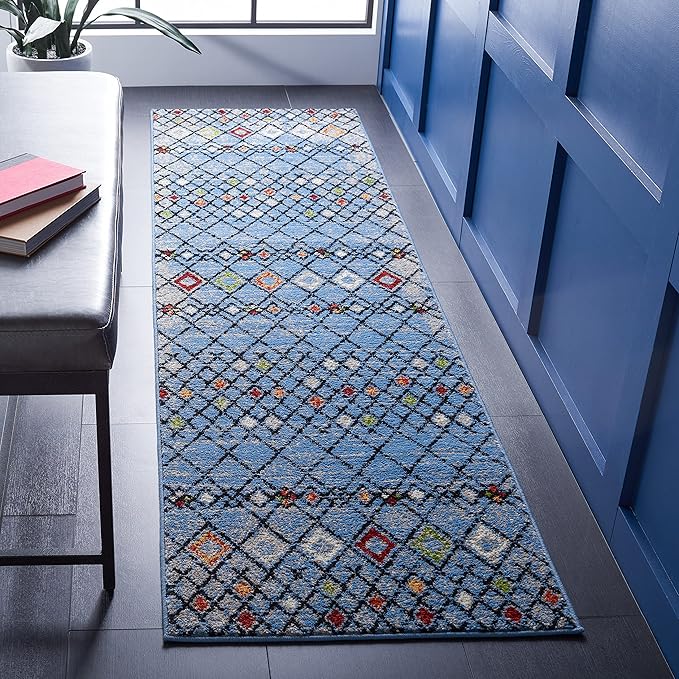 SAFAVIEH Amsterdam Collection Runner Rug - 2'3" x 8', Blue & Ivory, Moroccan Boho Design, Non-Shedding & Easy Care, Ideal for High Traffic Areas in Living Room, Bedroom (AMS115M)