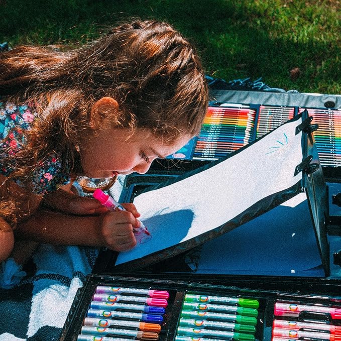 Art 101 USA Budding Artist 154 Pc Junior Artist Trifold Easel Set, Includes markers, crayons, oil pastels, watercolor paints, and colored pencils, Case, pop up easel, Portable Art Studio , White