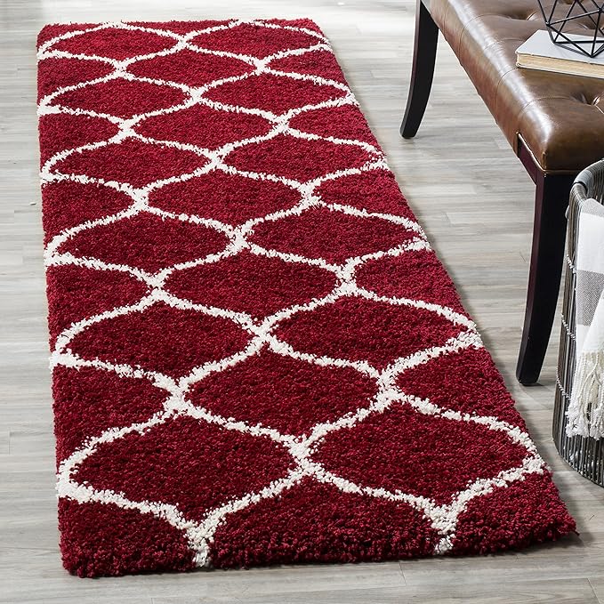 SAFAVIEH Hudson Shag Collection Runner Rug - 2'3" x 16', Red & Ivory, Moroccan Trellis Design, Non-Shedding & Easy Care, 2-inch Thick Ideal for High Traffic Areas in Living Room, Bedroom (SGH280R)