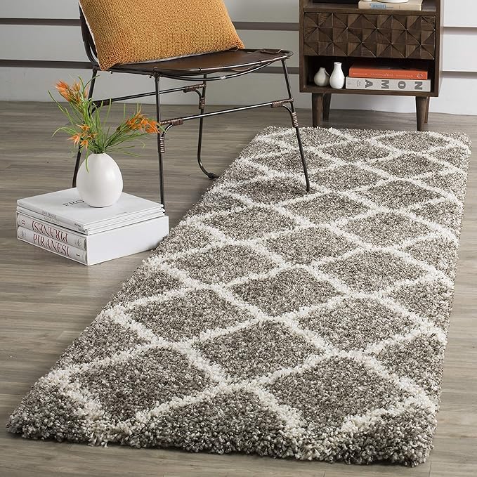 SAFAVIEH Hudson Shag Collection Runner Rug - 2'3" x 16', Grey & Ivory, Moroccan Trellis Design, Non-Shedding & Easy Care, 2-inch Thick Ideal for High Traffic Areas in Living Room, Bedroom (SGH283B)