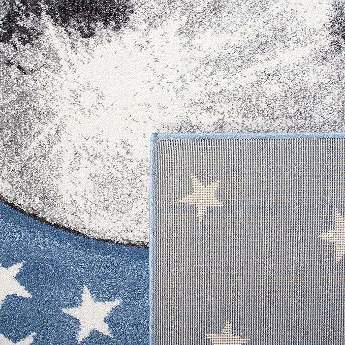 SAFAVIEH Carousel Kids Collection 4' Round Light Blue/Grey CRK135L Moon & Stars Non-Shedding Playroom Nursery Bedroom Area Rug