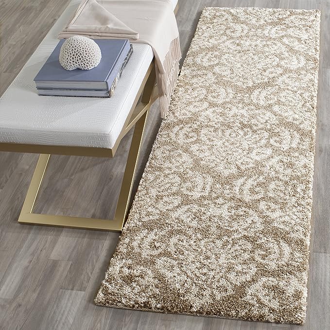 SAFAVIEH Florida Shag Collection Runner Rug - 2'3" x 15', Beige & Cream, Damask Design, Non-Shedding & Easy Care, 1.2-inch Thick Ideal for High Traffic Areas in Living Room, Bedroom (SG460-1311)