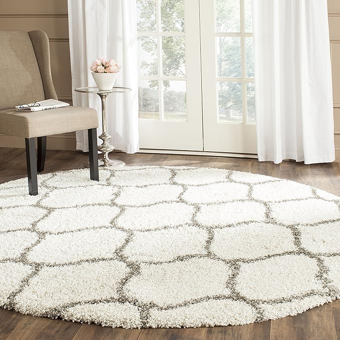 SAFAVIEH Hudson Shag Collection 7' Round Ivory/Grey SGH280A Moroccan Ogee Trellis Non-Shedding Living Room Bedroom Dining Room Entryway Plush 2-inch Thick Area Rug