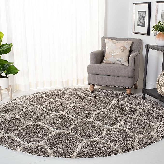 SAFAVIEH Hudson Shag Collection 9' Round Grey/Ivory SGH280B Moroccan Ogee Trellis Non-Shedding Living Room Bedroom Dining Room Entryway Plush 2-inch Thick Area Rug