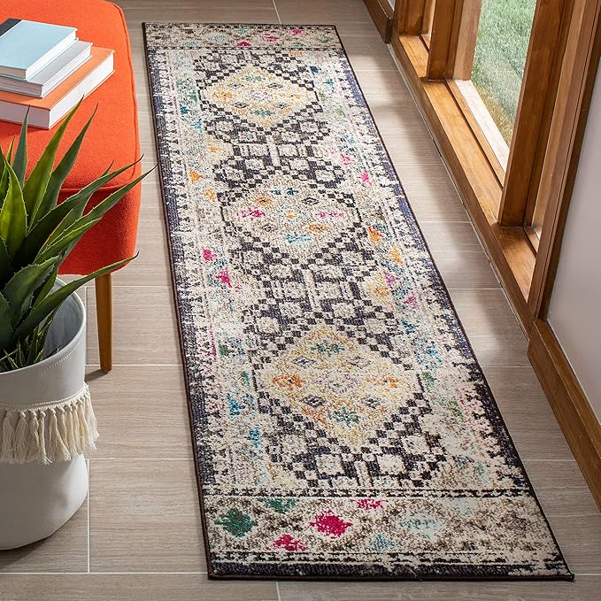 SAFAVIEH Madison Collection Runner Rug - 2'2" x 14', Black & Yellow, Boho Diamond Distressed Design, Non-Shedding & Easy Care, Ideal for High Traffic Areas in Living Room, Bedroom (MAD418Z)