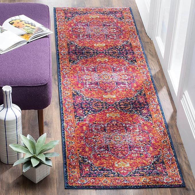 SAFAVIEH Evoke Collection 2'2" x 7' Fuchsia / Orange EVK275S Oriental Medallion Distressed Non-Shedding Living Room Entryway Foyer Hallway Bedroom Runner Rug