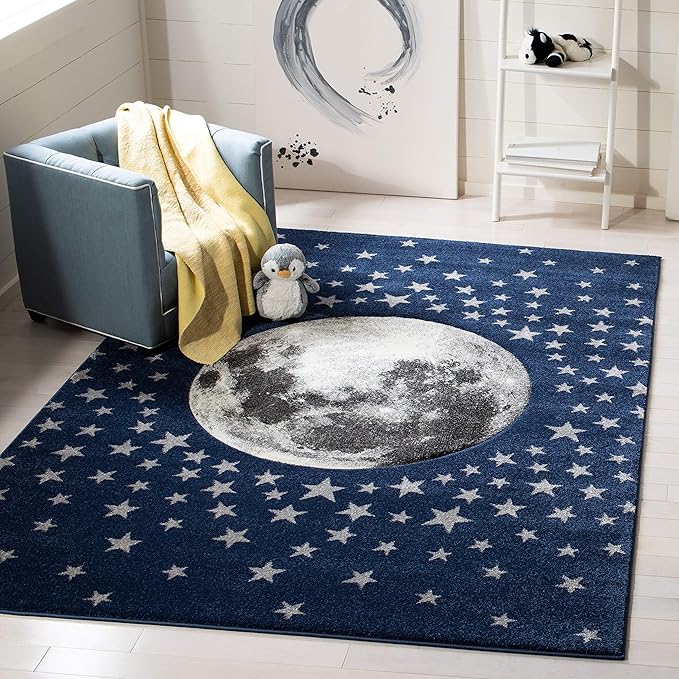 SAFAVIEH Carousel Kids Collection Area Rug - 8' x 10', Navy & Grey, Non-Shedding & Easy Care, Ideal for High Traffic Areas for Boys & Girls in Playroom, Nursery, Bedroom (CRK135N)