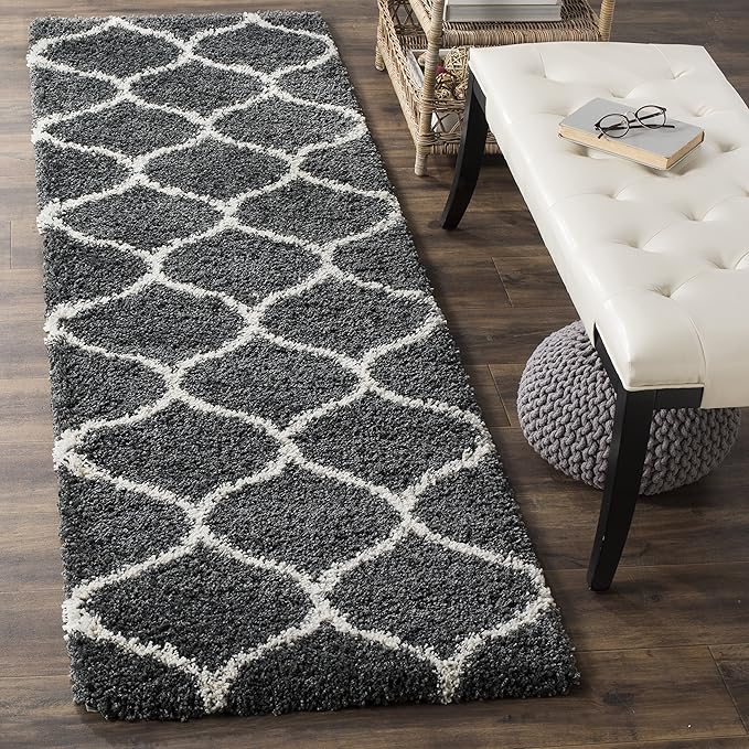 SAFAVIEH Hudson Shag Collection Runner Rug - 2'3" x 8', Dark Grey & Ivory, Trellis Design, Non-Shedding & Easy Care, 2-inch Thick Ideal for High Traffic Areas in Living Room, Bedroom (SGH280G)