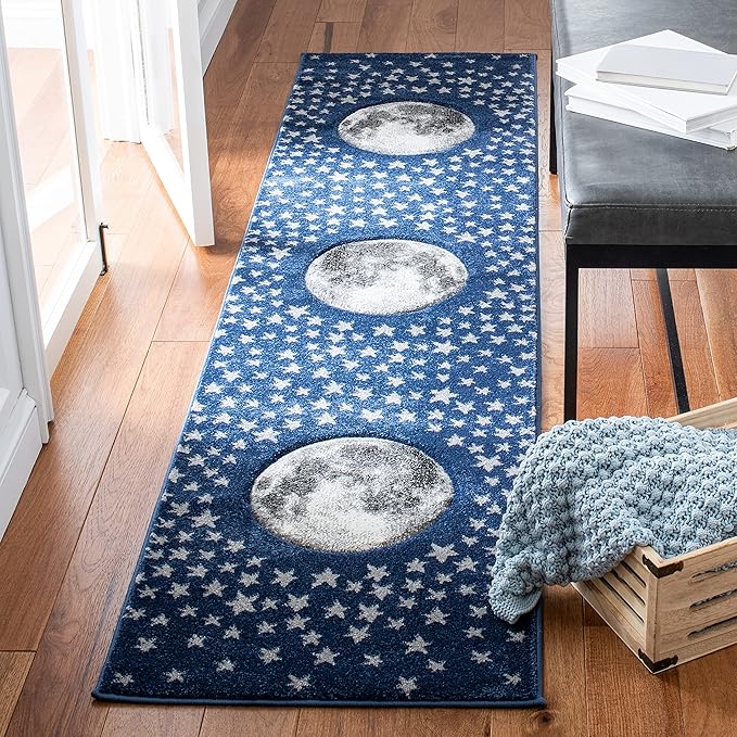 SAFAVIEH Carousel Kids Collection Runner Rug - 2' x 8', Navy & Grey, Non-Shedding & Easy Care, Ideal for High Traffic Areas for Boys & Girls in Playroom, Nursery, Bedroom (CRK135N)
