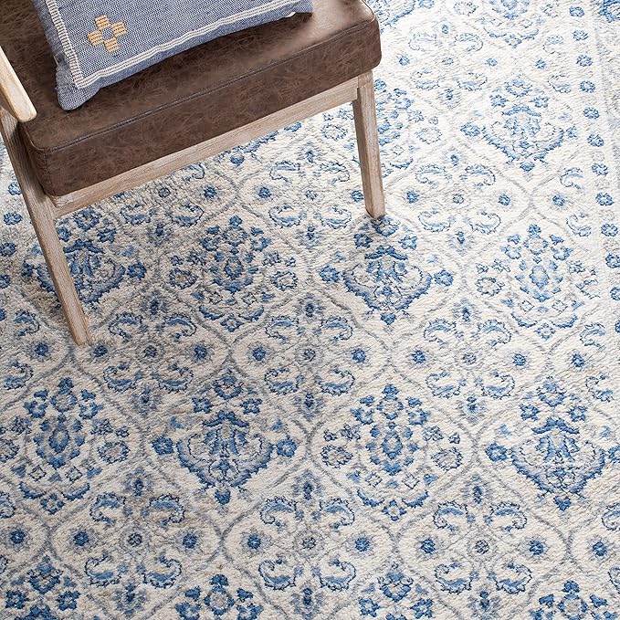 SAFAVIEH Brentwood Collection 2' x 8' Ivory/Blue BNT870A Oriental Damask Trellis Non-Shedding Living Room Entryway Foyer Hallway Bedroom Runner Rug