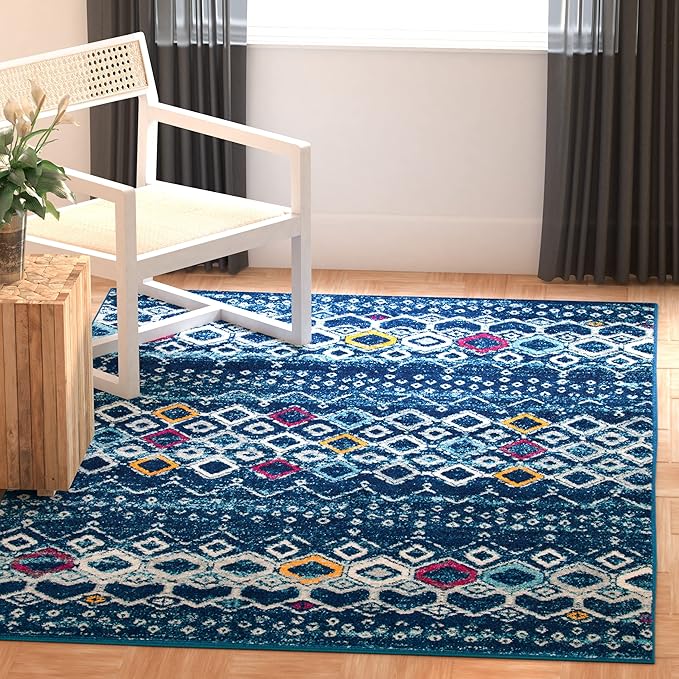 SAFAVIEH Amsterdam Collection 3' Square Navy/Turquoise AMS108M Moroccan Boho Non-Shedding Living Room Bedroom Entryway Accent Rug