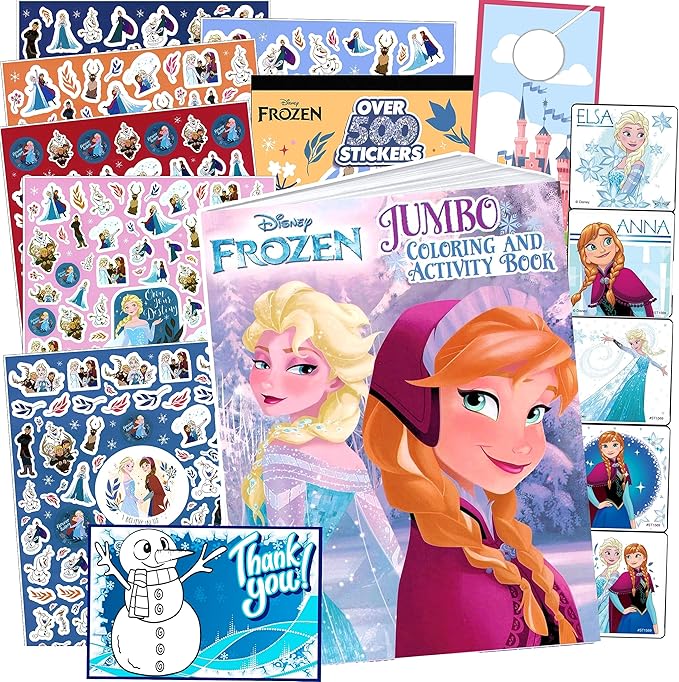 Disney Frozen Coloring Book with Stickers Set - Bundle Includes Disney Frozen Coloring Book, 500 Disney Frozen Stickers, 2-Sided Castle Door Hanger, Thank You Card Craft