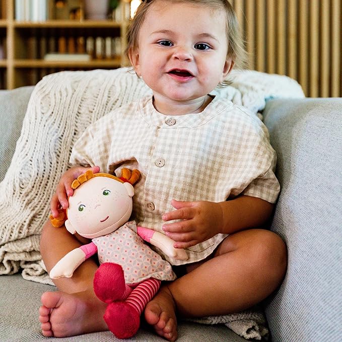 HABA Soft Baby Doll Roya - 10" Rag Doll with Red Pigtails, Pink Dress - Machine Washable Doll - Ideal Soft Doll for 2 Year Old Girls