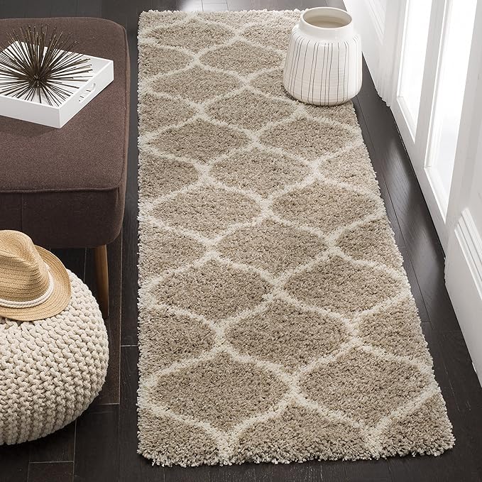 SAFAVIEH Hudson Shag Collection Runner Rug - 2'3" x 20', Beige & Ivory, Trellis Design, Non-Shedding & Easy Care, 2-inch Thick Ideal for High Traffic Areas in Living Room, Bedroom (SGH280S)