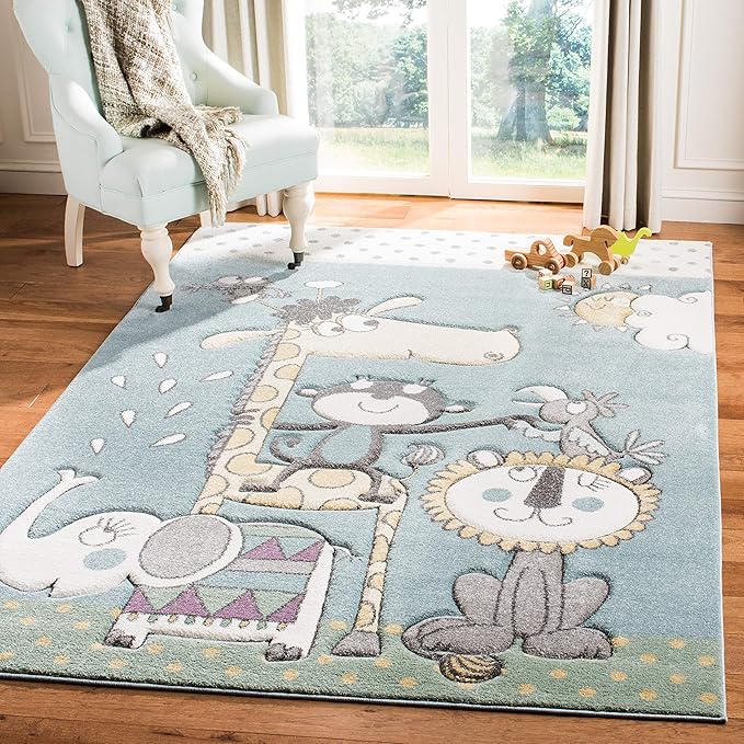 SAFAVIEH Carousel Kids Collection 4' Square Ivory/Blue CRK185A Animal Non-Shedding Nursery Playroom Area Rug