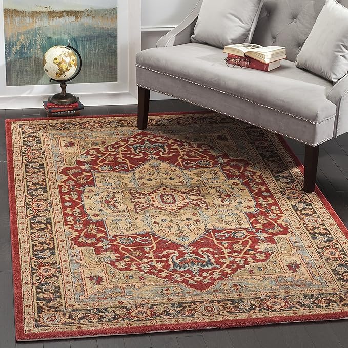 SAFAVIEH Mahal Collection Area Rug - 5'1" x 7'7", Natural & Navy, Traditional Oriental Design, Non-Shedding & Easy Care, Ideal for High Traffic Areas in Living Room, Bedroom (MAH625B)