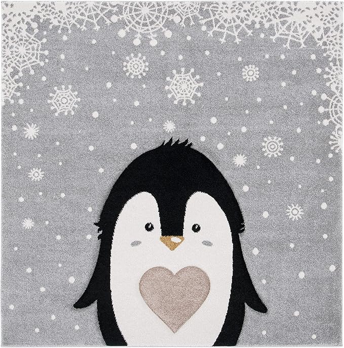 SAFAVIEH Carousel Kids Collection Area Rug - 4' Square, Light Grey & Black, Non-Shedding & Easy Care, Ideal for High Traffic Areas for Boys & Girls in Playroom, Nursery, Bedroom (CRK132F)
