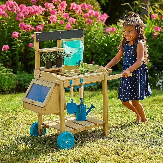 Kids Potting Bench, Outdoor Wooden Toy Toddler Gardening Table with Wheels, Sink & Faucet, Storage Shelves, Planting Pots, Durable, Weatherproof Backyard Playset for Kids Age 3+ Years