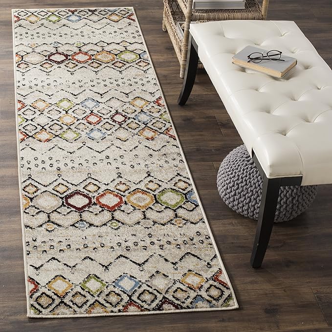 SAFAVIEH Amsterdam Collection Runner Rug - 2'3" x 20', Ivory & Multi, Moroccan Boho Design, Non-Shedding & Easy Care, Ideal for High Traffic Areas in Living Room, Bedroom (AMS108K)