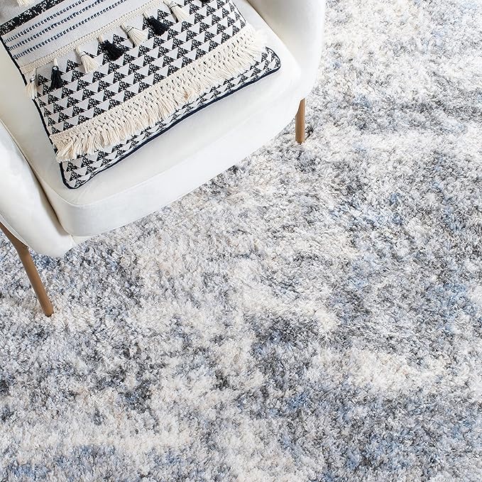 SAFAVIEH Berber Shag Collection 2' x 8' Ivory/Grey BER274A Modern Abstract Non-Shedding Living Room Bedroom Dining Room Entryway Plush 1.2-inch Thick Runner Rug