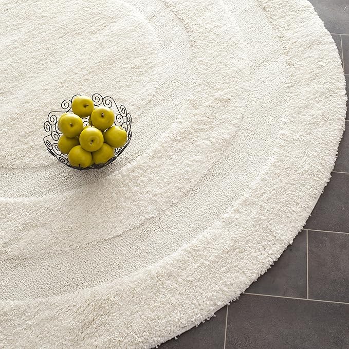 SAFAVIEH Florida Shag Collection Area Rug - 5' Round, Creme & Creme, Border Design, Non-Shedding & Easy Care, 1.2-inch Thick Ideal for High Traffic Areas in Living Room, Bedroom (SG454-1111)