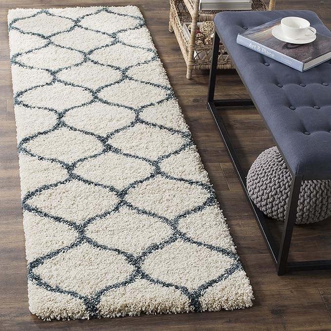 SAFAVIEH Hudson Shag Collection Runner Rug - 2'3" x 14', Ivory & Slate Blue, Trellis Design, Non-Shedding & Easy Care, 2-inch Thick Ideal for High Traffic Areas in Living Room, Bedroom (SGH280T)