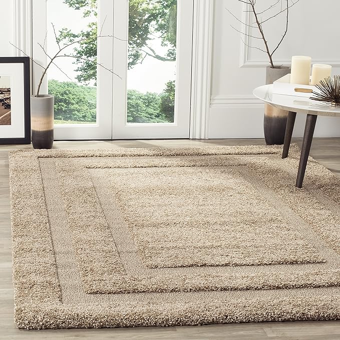 SAFAVIEH Florida Shag Collection Accent Rug - 4' x 6', Beige & Beige, Border Design, Non-Shedding & Easy Care, 1.2-inch Thick Ideal for High Traffic Areas in Foyer, Living Room, Bedroom (SG454-1313)