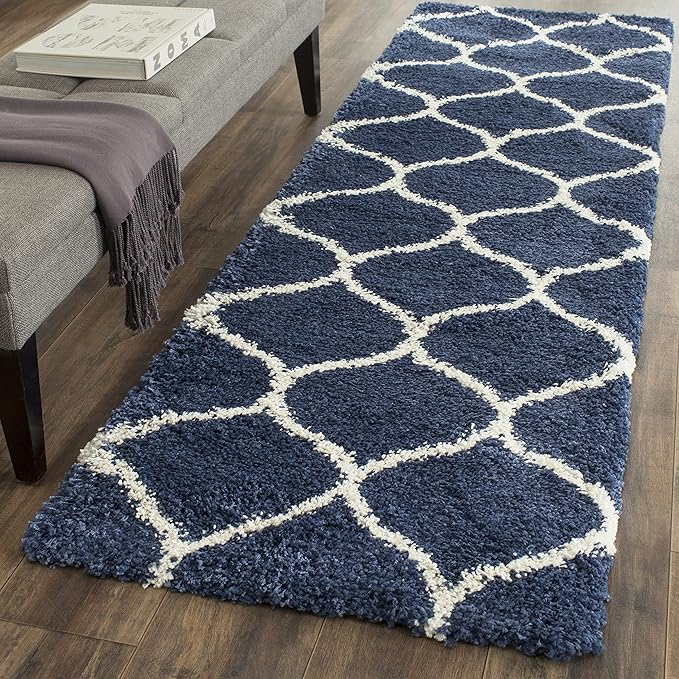 SAFAVIEH Hudson Shag Collection Runner Rug - 2'3" x 6', Navy & Ivory, Moroccan Trellis Design, Non-Shedding & Easy Care, 2-inch Thick Ideal for High Traffic Areas in Living Room, Bedroom (SGH280C)