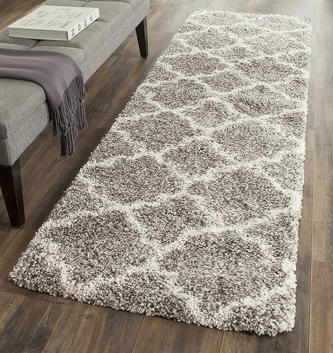 SAFAVIEH Hudson Shag Collection Runner Rug - 2'3" x 12', Grey & Ivory, Moroccan Trellis Design, Non-Shedding & Easy Care, 2-inch Thick Ideal for High Traffic Areas in Living Room, Bedroom (SGH282B)