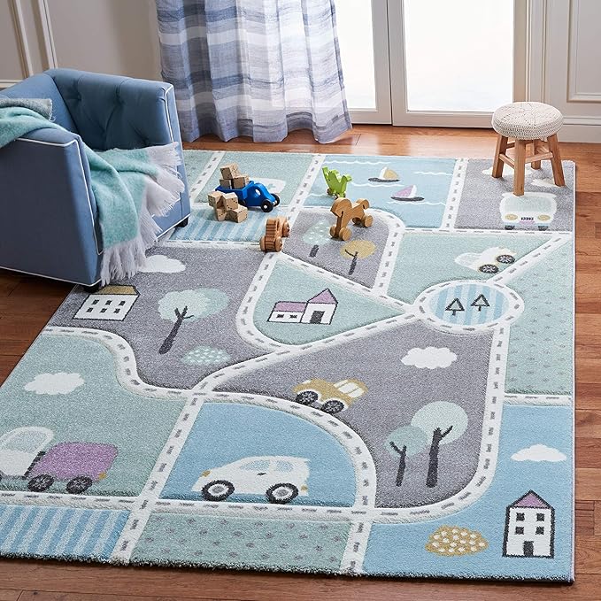 SAFAVIEH Carousel Kids Collection Area Rug - 6'7" Square, Grey & Light Blue, Non-Shedding & Easy Care, Ideal for High Traffic Areas for Boys & Girls in Playroom, Nursery, Bedroom (CRK193F)