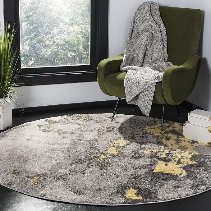 SAFAVIEH Adirondack Collection 12' Round Grey / Yellow ADR134H Modern Abstract Non-Shedding Dining Room Entryway Foyer Living Room Bedroom Area Rug