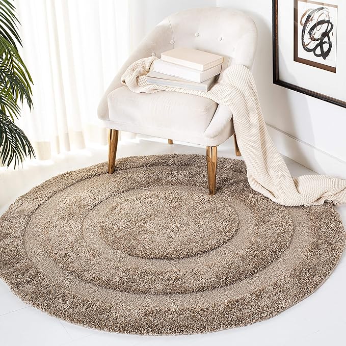 SAFAVIEH Florida Shag Collection 5' Square Cream / Cream SG454 Border Non-Shedding Living Room Bedroom Dining Room Entryway Plush 1.2-inch Thick Area Rug